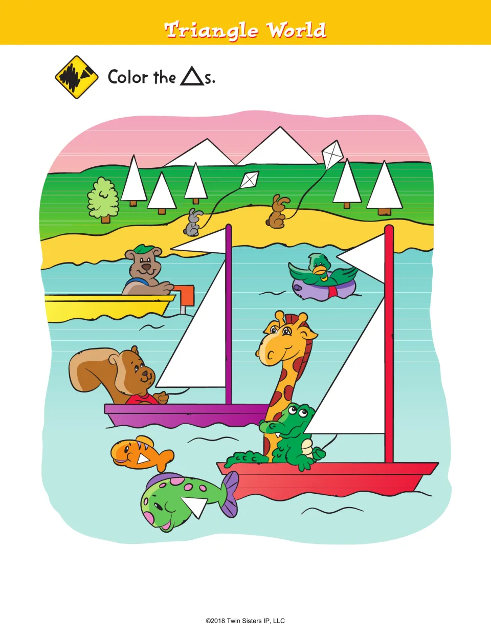 Triangle World: students color triangles in a lake scene, including sailboat sails, pine trees, mountains and fish fins