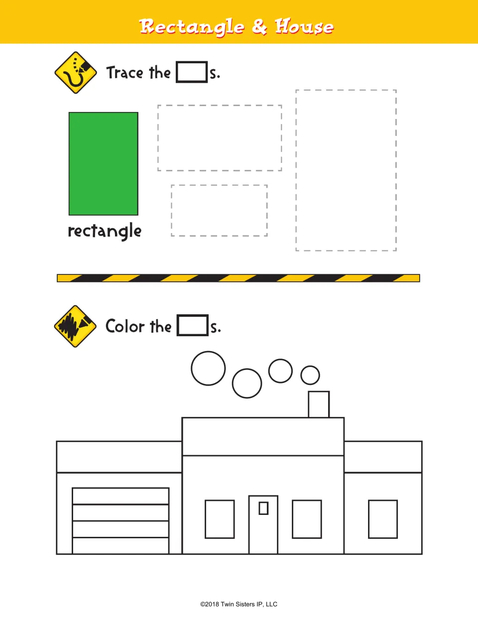 Rectangle & House: students trace three dashed rectangles, then color the rectangles forming a house, garage and door