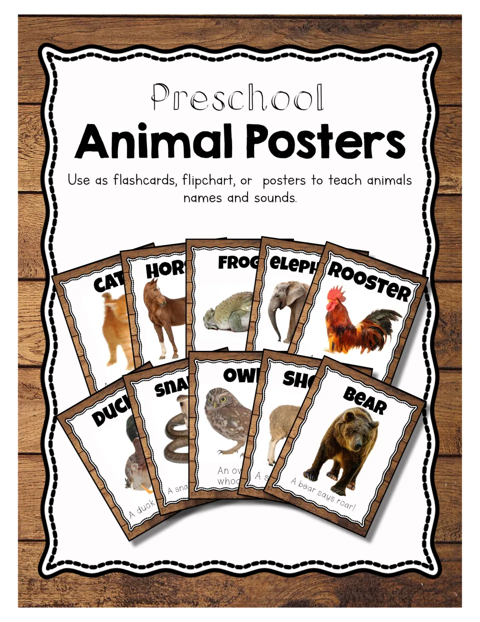 Preschool Animal Posters cover: photo cards of a cat, horse, frog, rooster, owl, bear and more to teach animal sounds