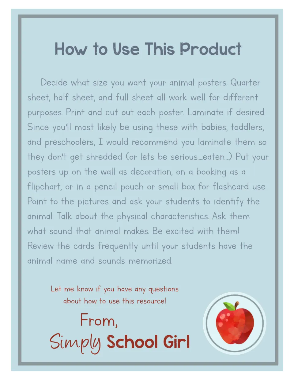 How to Use This Product: print and cut out each poster, laminate, then point to pictures and ask for each animal's sound