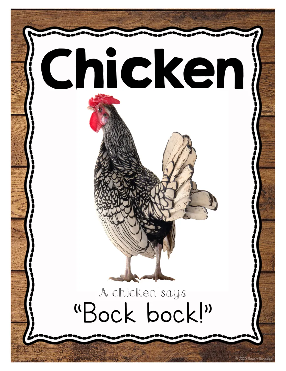 Chicken: photo of a black and white speckled hen with the line 'A chicken says Bock bock!' to name it and copy its sound