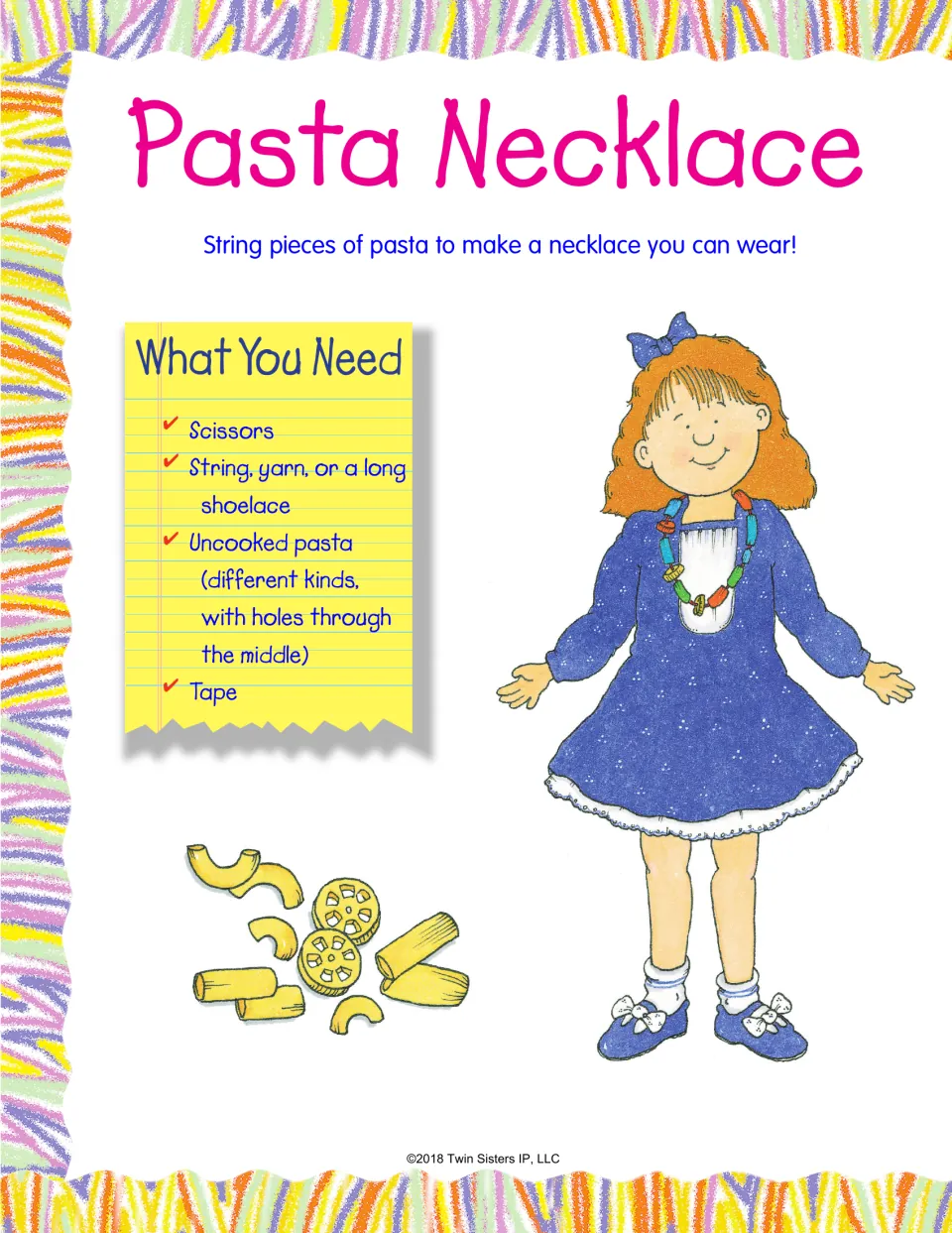 Pasta Necklace craft: children string pasta; supplies are scissors, string or yarn, uncooked pasta with holes and tape
