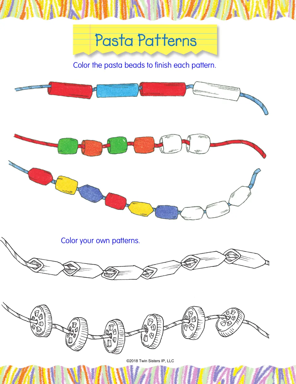 Pasta Patterns: children color blank beads to finish AB and ABC color patterns, then design two strands of their own