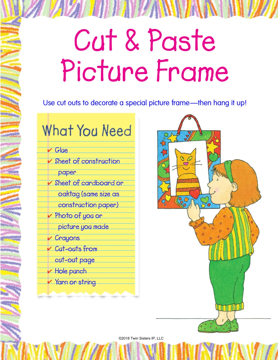 Cut & Paste Picture Frame supplies: glue, construction paper, cardboard, photo, crayons, cut-outs, hole punch and yarn