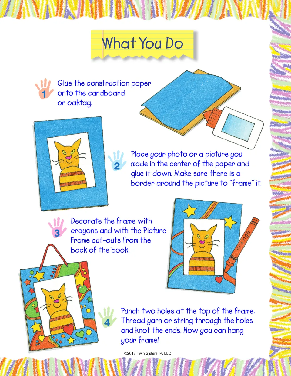 Picture frame steps: glue paper to cardboard, center a photo, decorate with crayons and cut-outs, punch holes to hang