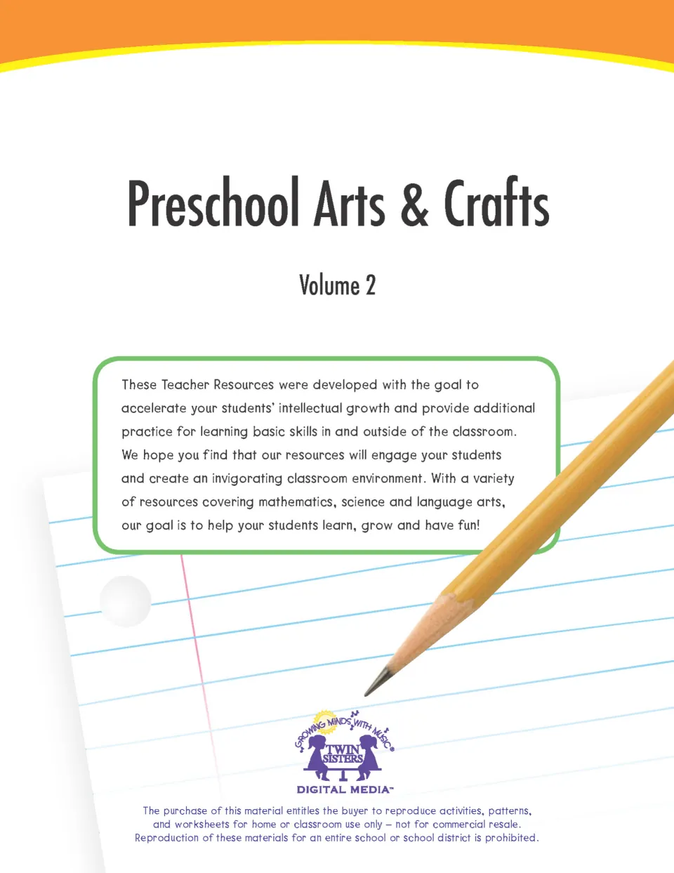 Cover of Preschool Arts & Crafts Volume 2 from Twin Sisters Digital Media, with a pencil on notebook paper