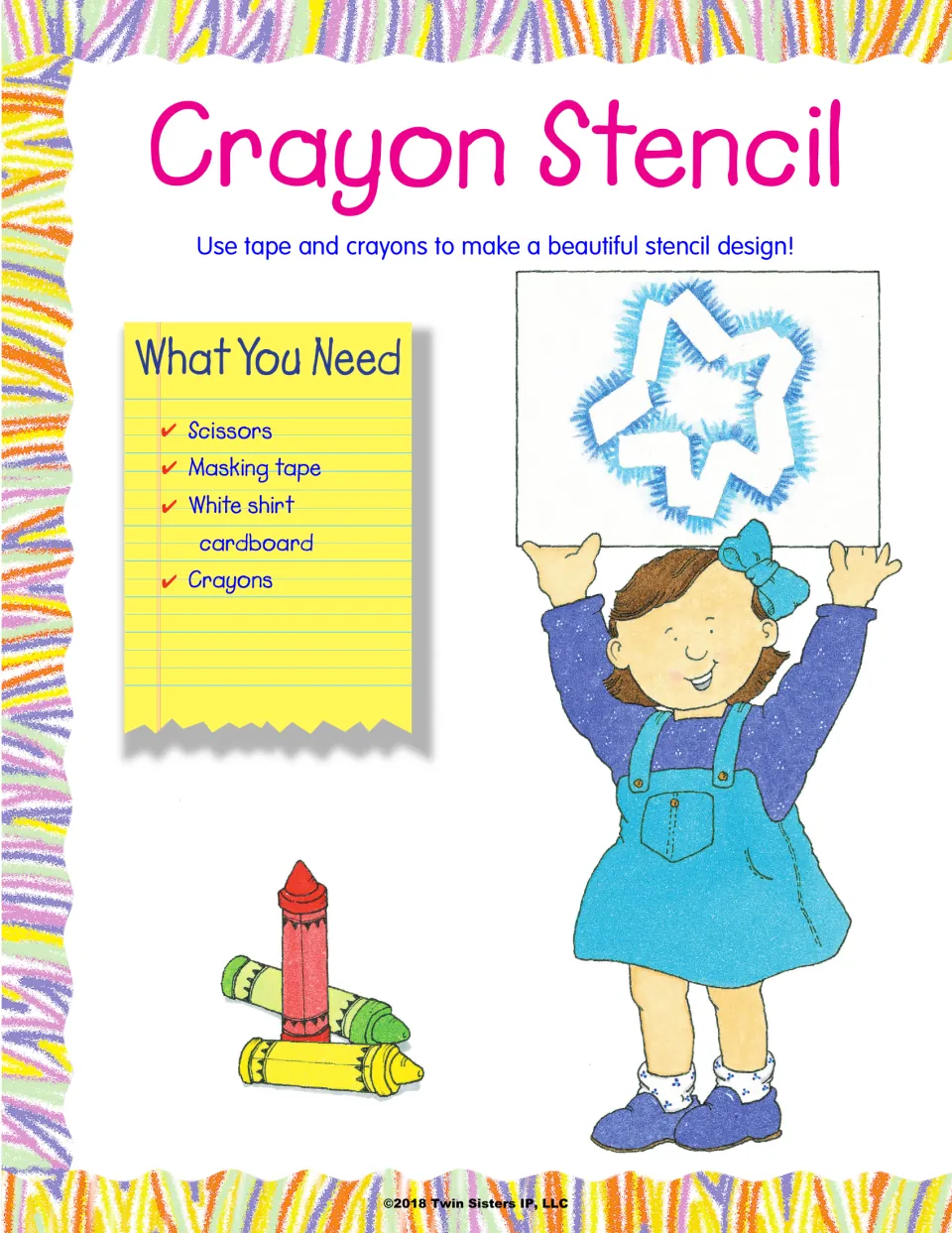 Crayon Stencil supplies: scissors, masking tape, shirt cardboard and crayons, shown with a child holding a star stencil