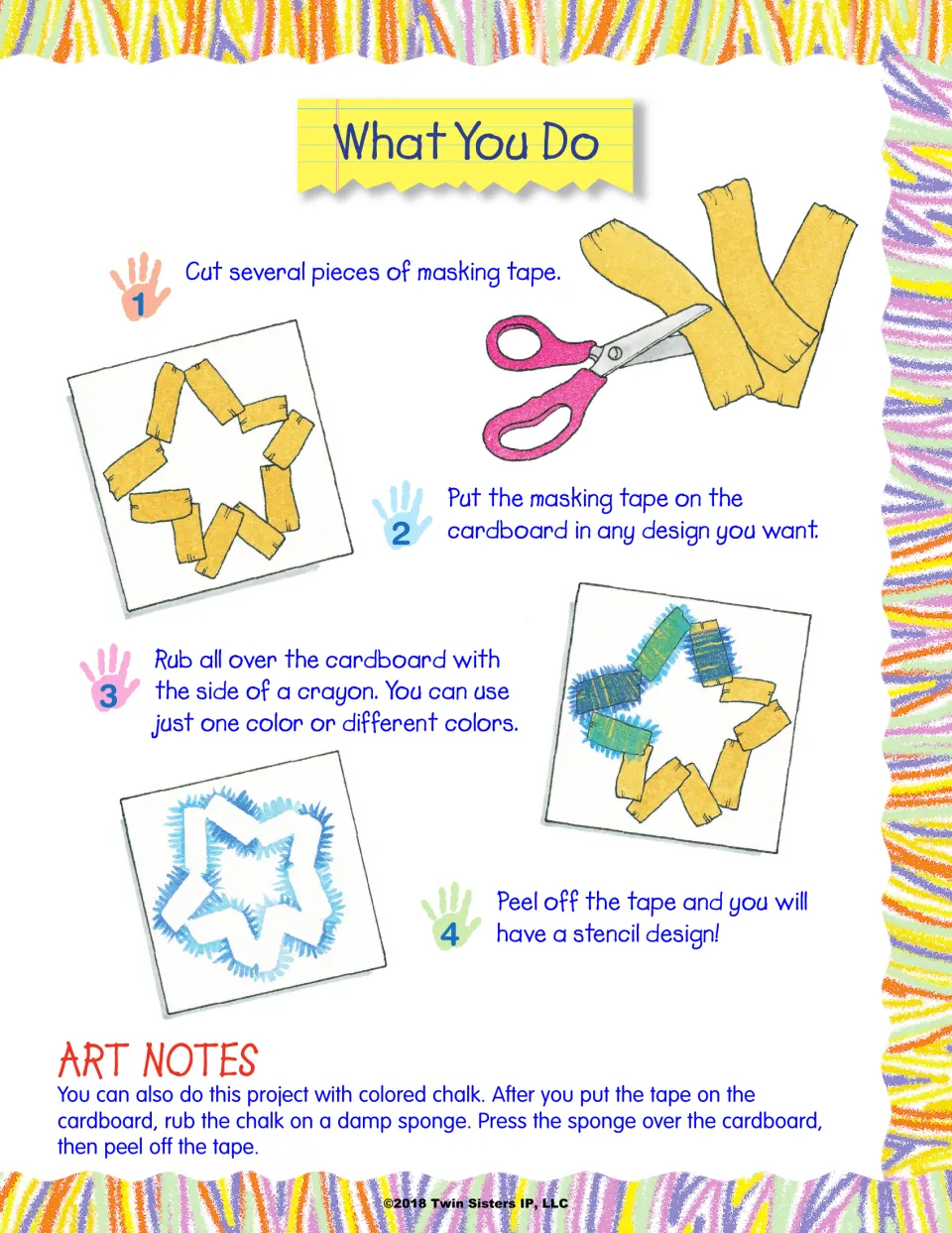 Crayon stencil steps: cut masking tape, stick it on cardboard, rub with a crayon side, then peel off to see the design