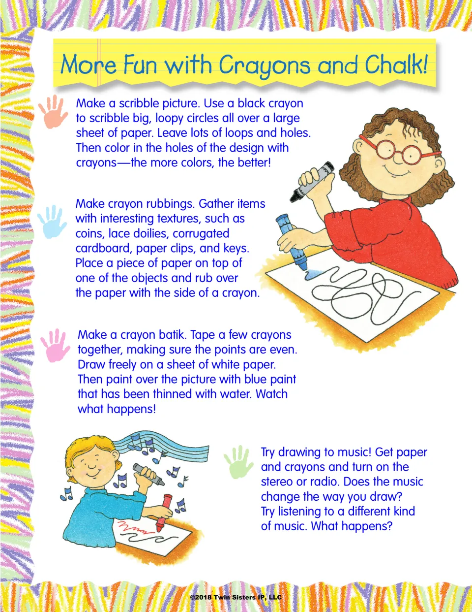 More Fun with Crayons and Chalk: ideas for a scribble picture, texture rubbings, crayon batik and drawing to music