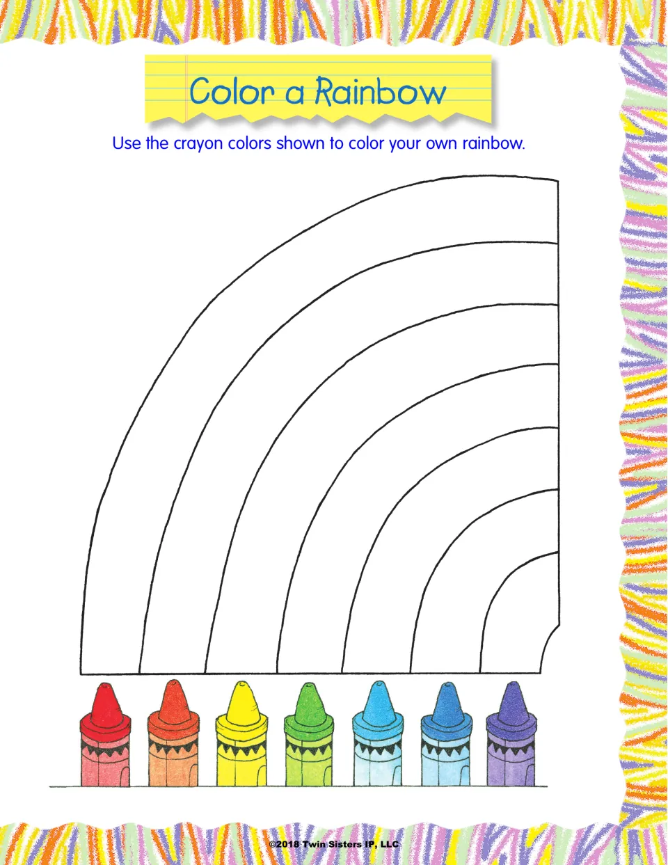 Color a Rainbow: students color seven arcs to match crayons shown from red to purple, practicing color order