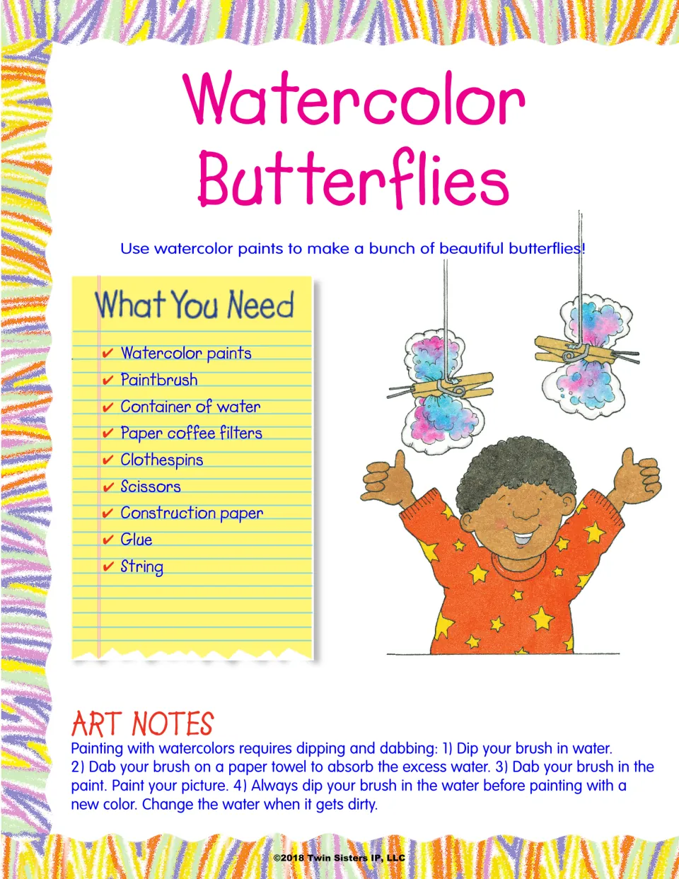 Watercolor Butterflies supplies: paints, coffee filters, clothespins, glue and string, plus dip-and-dab brush tips