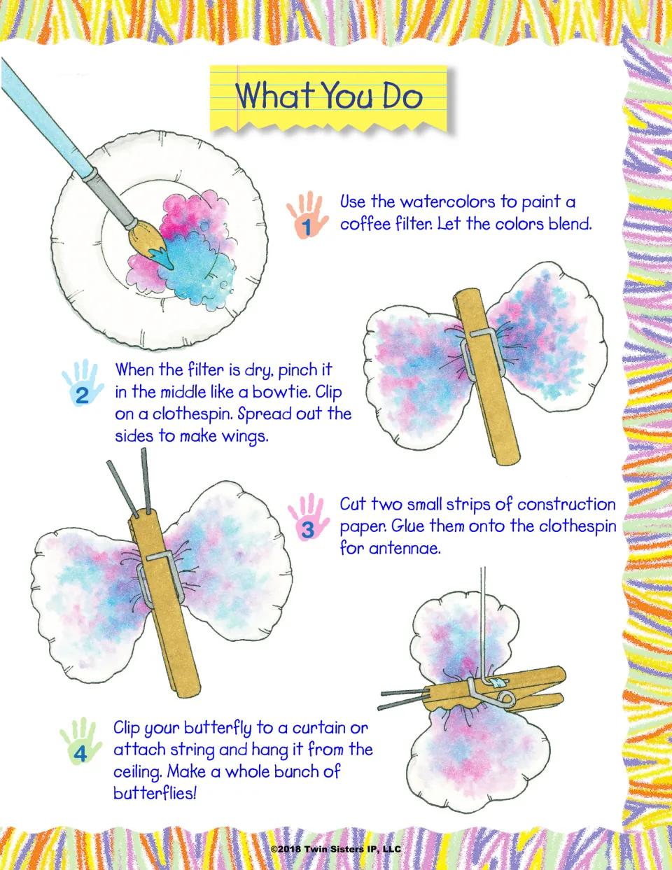 Butterfly craft steps: paint a coffee filter, pinch it into a clothespin for wings, glue on paper antennae, hang it up