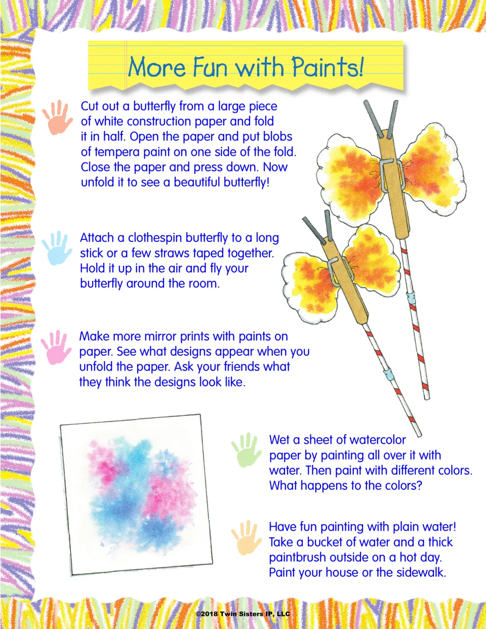 More Fun with Paints: mirror-print butterflies, a clothespin butterfly on a stick, wet-paper and plain-water painting