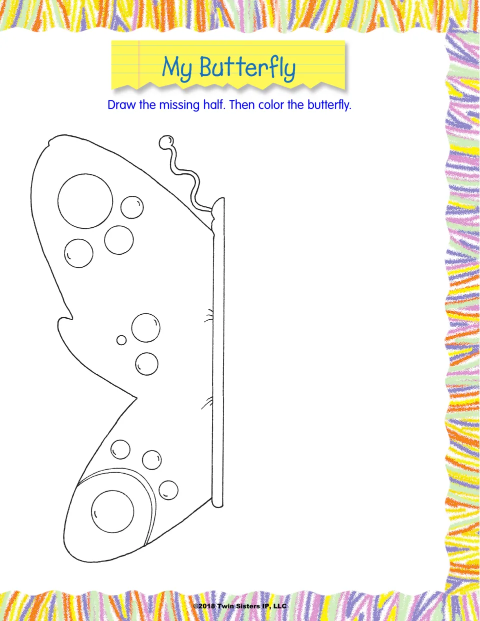 My Butterfly symmetry drawing: students draw the missing half of a spotted butterfly outline and then color it in