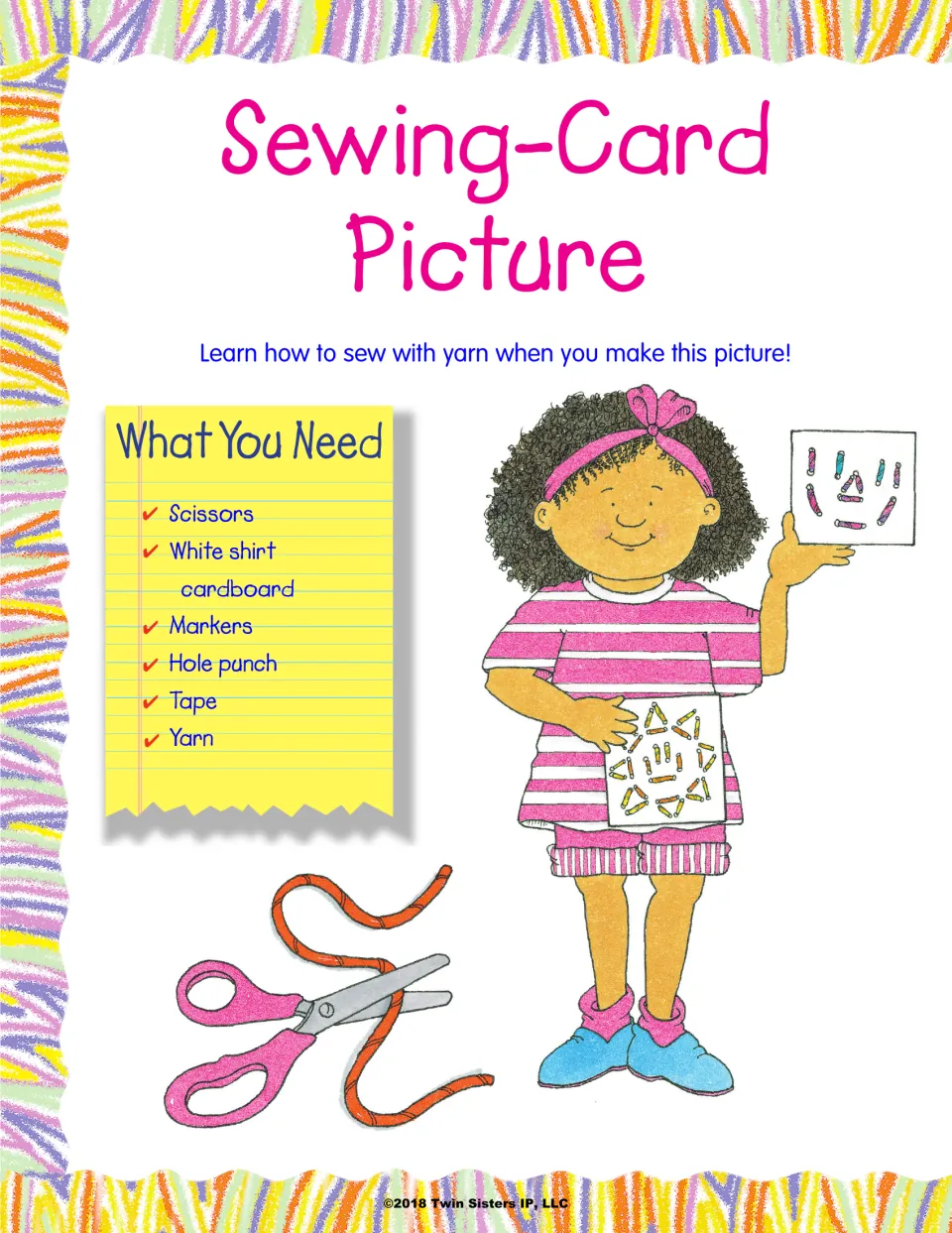 Sewing-Card Picture supplies: scissors, cardboard, markers, hole punch, tape and yarn, with a child holding sewn cards