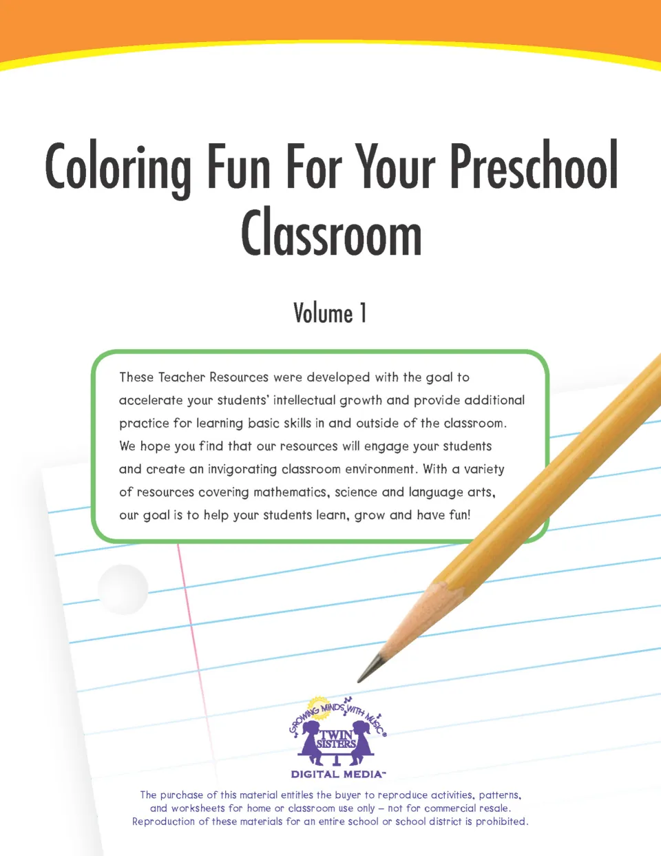 Cover of Coloring Fun For Your Preschool Classroom, Volume 1, with a pencil on lined paper and a Twin Sisters logo