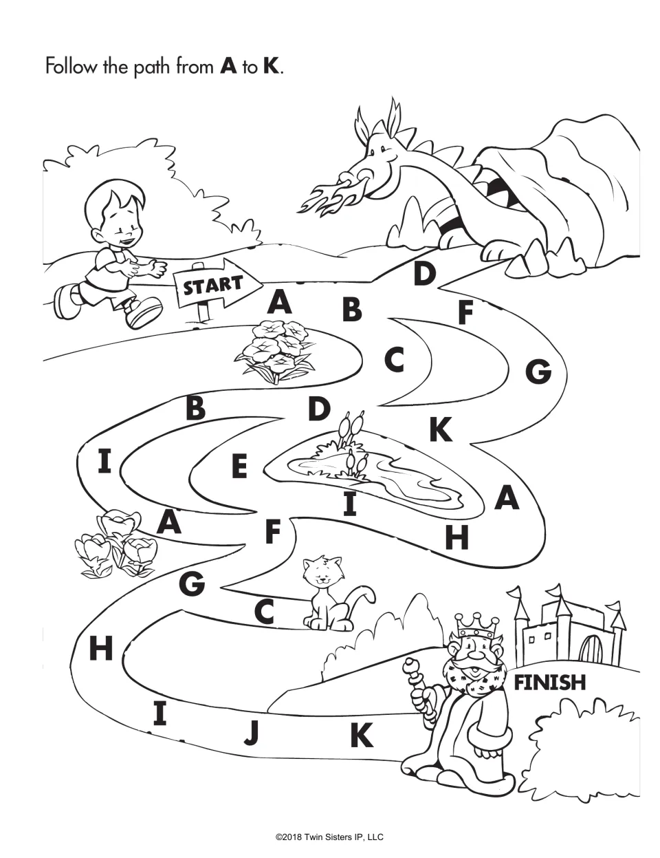 Alphabet maze: students follow a winding path in letter order from A to K, past a dragon, from START to a king's castle