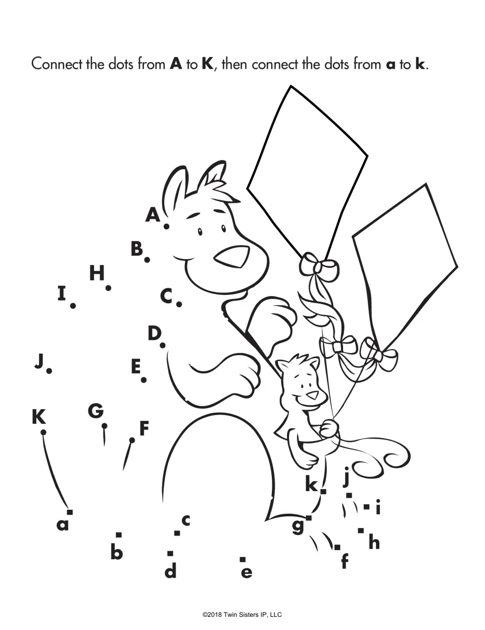 Dot-to-dot letter order: students connect uppercase A to K, then lowercase a to k, to finish a bear and cub flying kites
