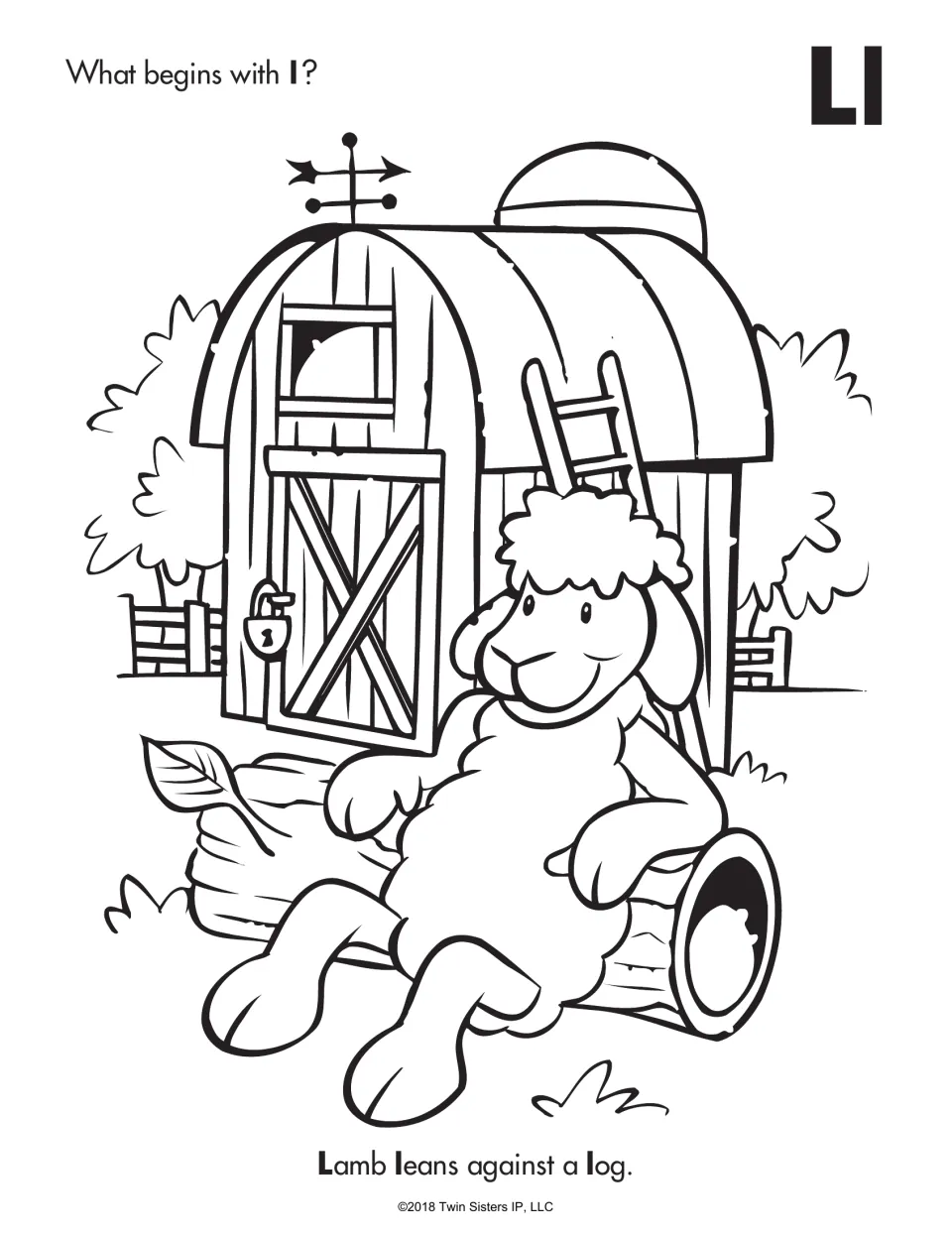 Letter Ll beginning sounds: students color a lamb leaning on a log by a barn and name what begins with l