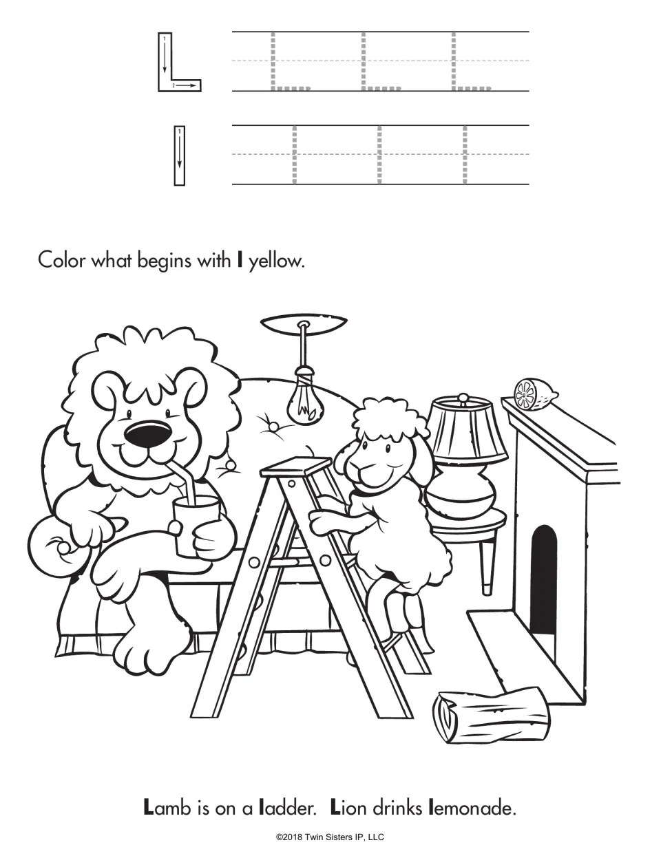 Letter L tracing of uppercase L and lowercase l, then students color items that begin with l yellow, like a lamb and lion