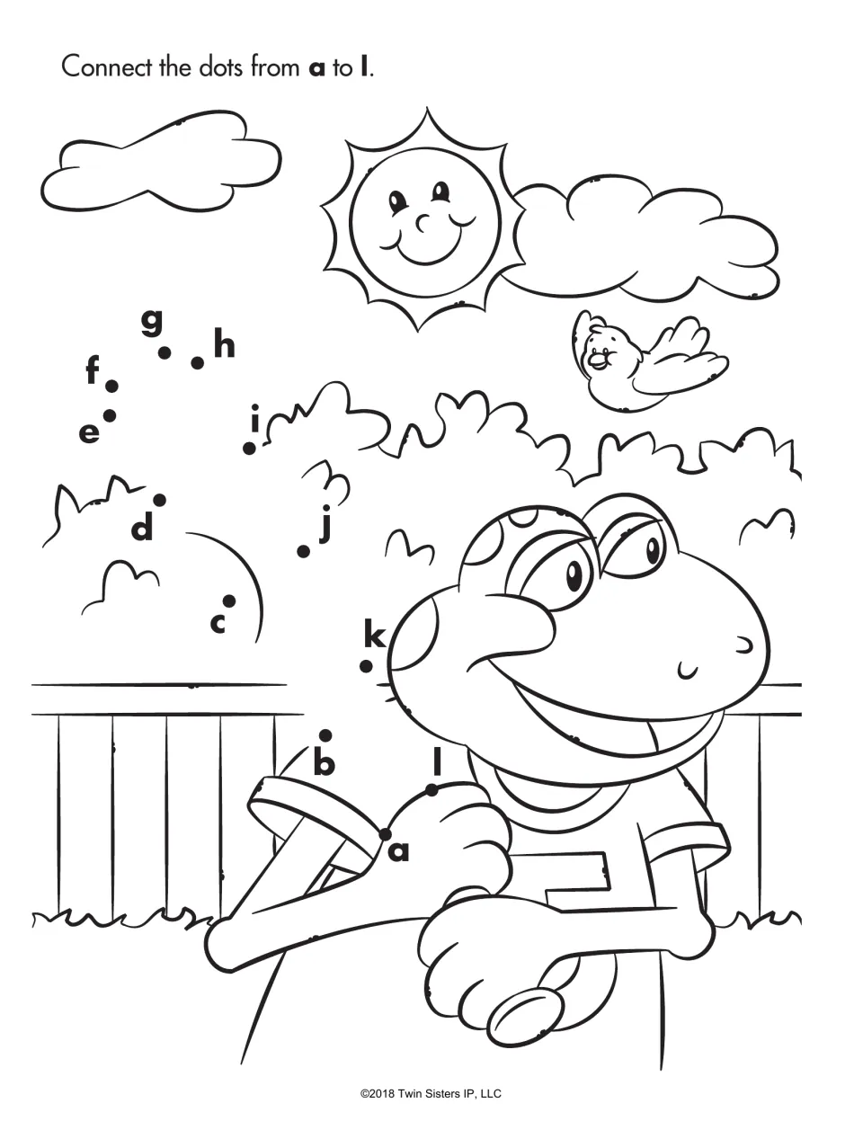 Lowercase dot-to-dot: students connect dots from a to l to finish a picture of a smiling frog under a sun and clouds