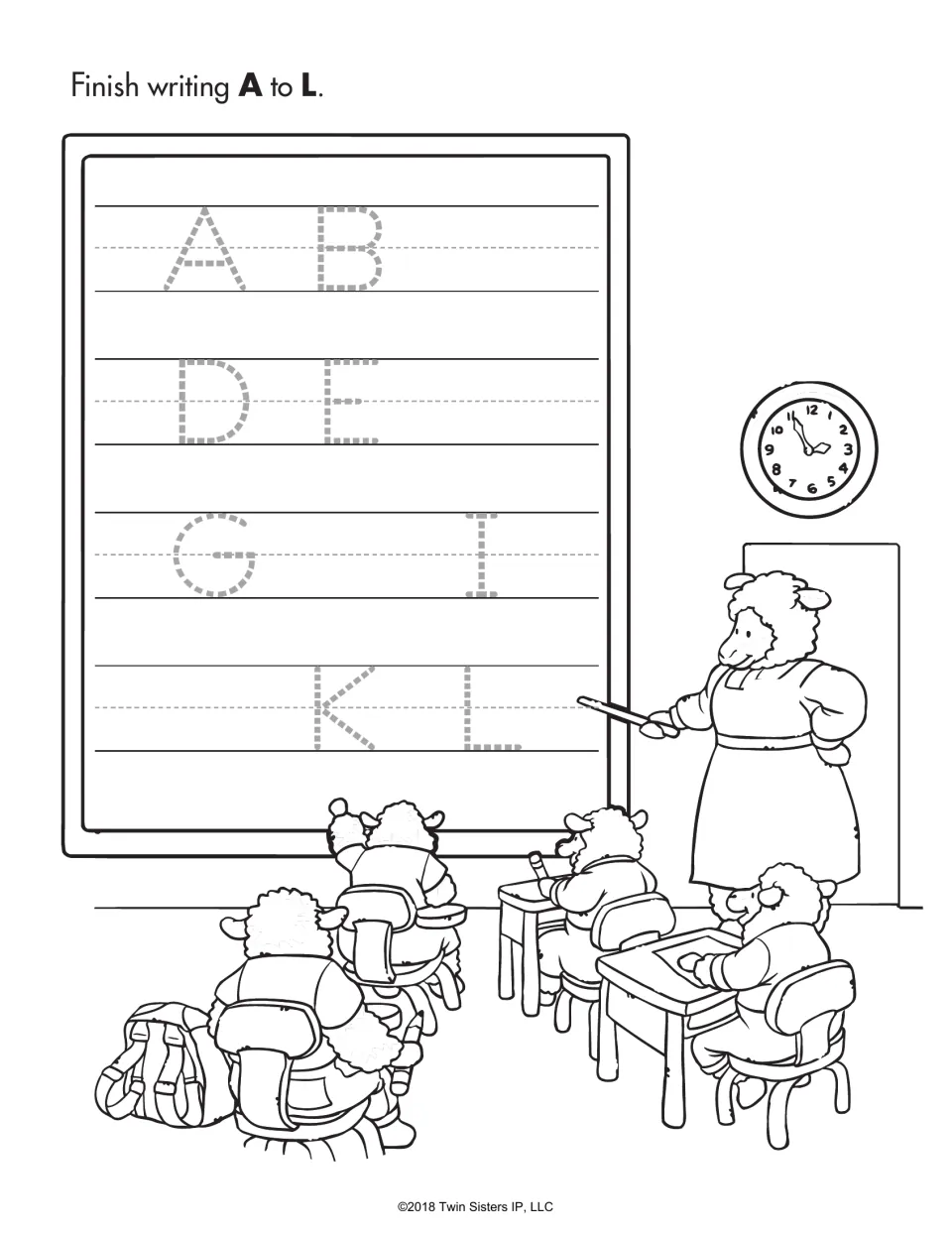 Alphabet writing: students fill in the missing capitals A to L on a chalkboard with dotted letters to trace
