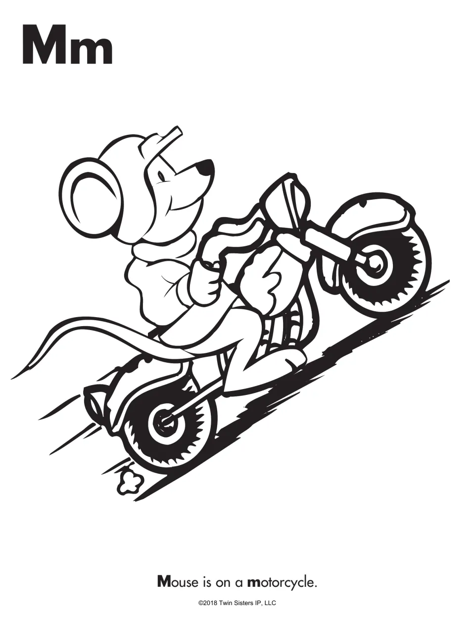 Letter Mm coloring page: a mouse in a helmet rides a motorcycle up a hill, with the sentence Mouse is on a motorcycle