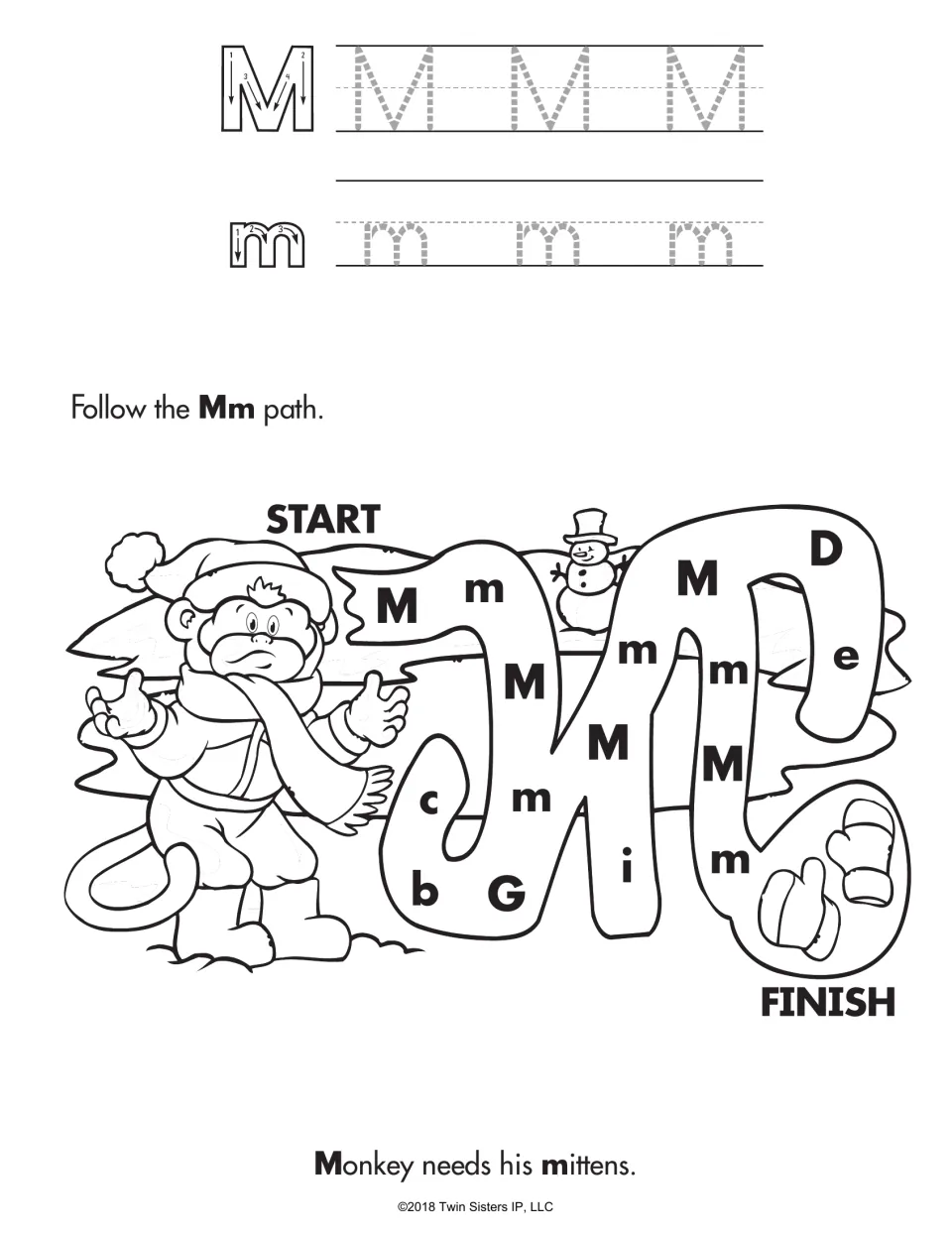 Letter M tracing of uppercase M and lowercase m, then students follow only Mm letters through a maze to the mittens