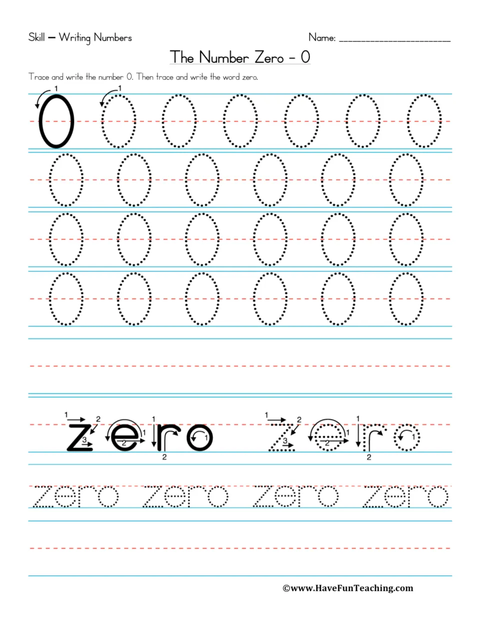 Number zero handwriting practice: trace and write 0 and the word zero, using models with stroke arrows
