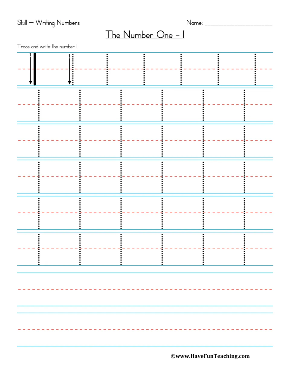 Numeral 1 handwriting practice: follow the downward stroke arrow, trace repeated ones, and write your own
