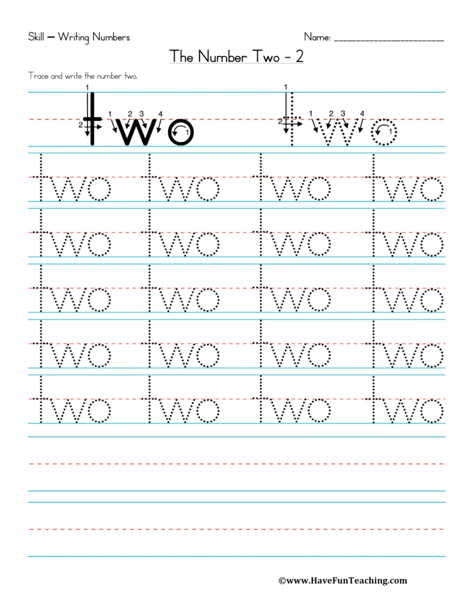 Number word two handwriting practice: follow letter stroke arrows, trace two, and write it independently