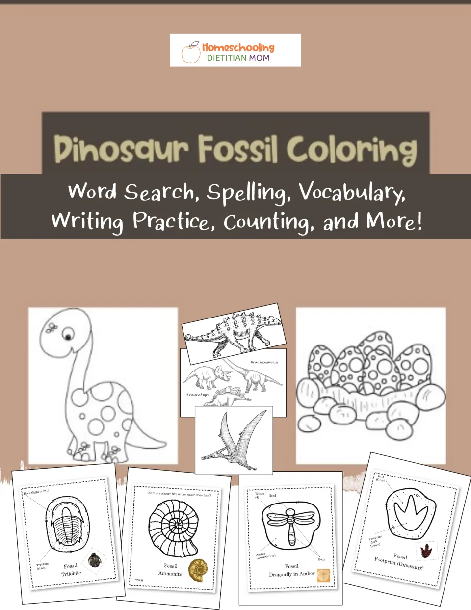 Dinosaur Fossil Coloring cover listing word search, spelling, vocabulary, writing and counting, with sample coloring pages
