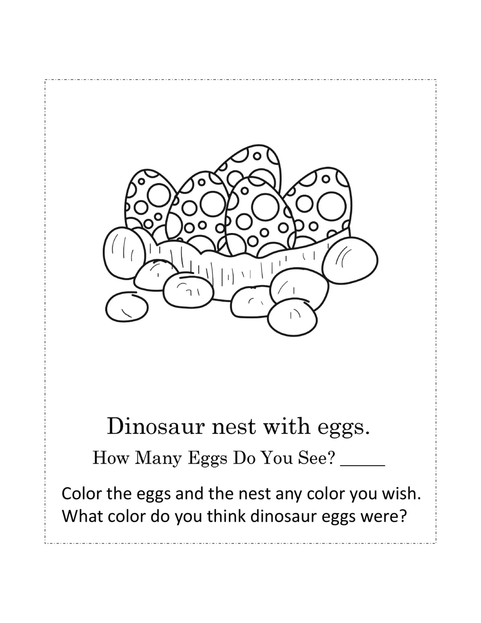 Dinosaur nest with eggs: students count the eggs, write how many, color the nest and guess what color dinosaur eggs were