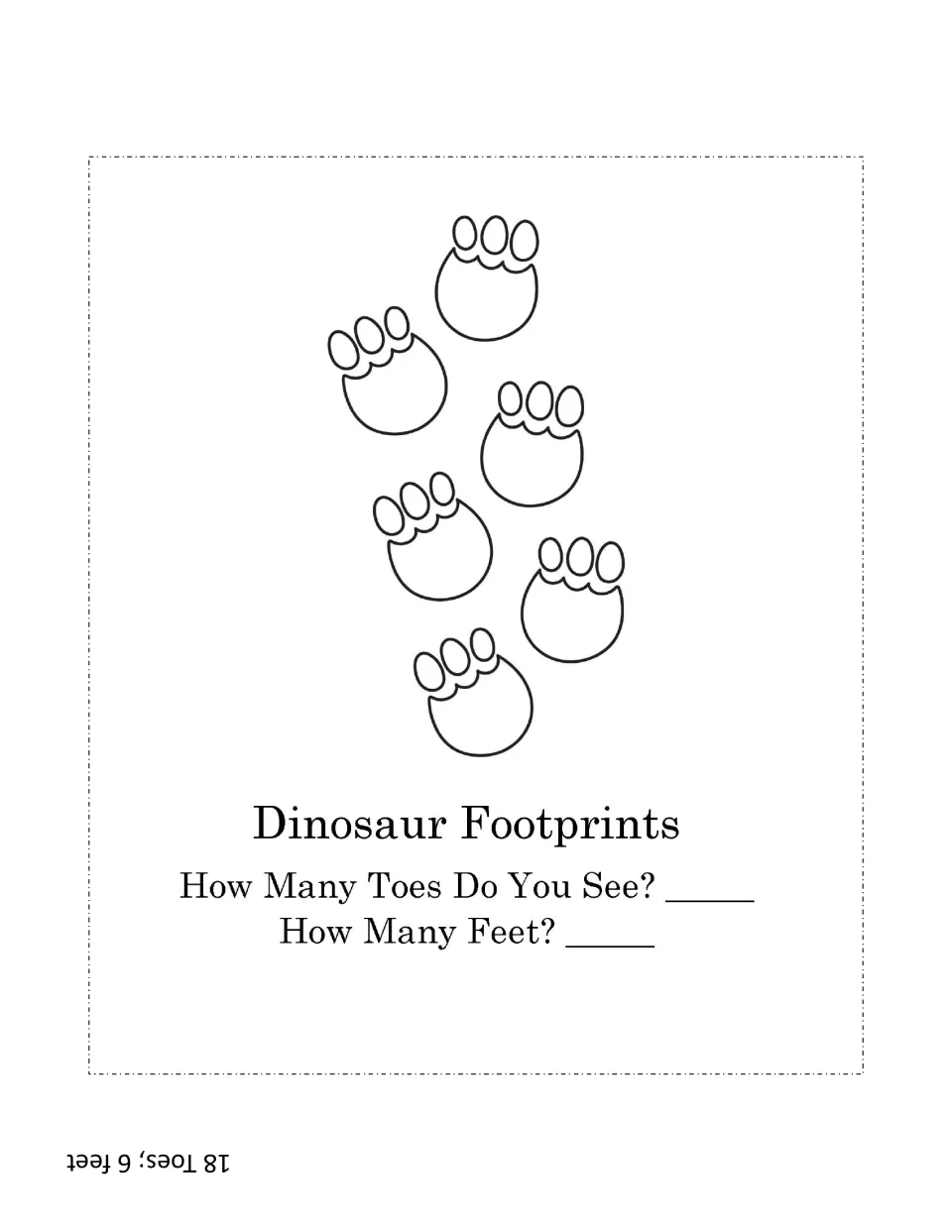 Dinosaur Footprints counting: students count toes and feet on six tracks; upside-down answer 18 toes, 6 feet