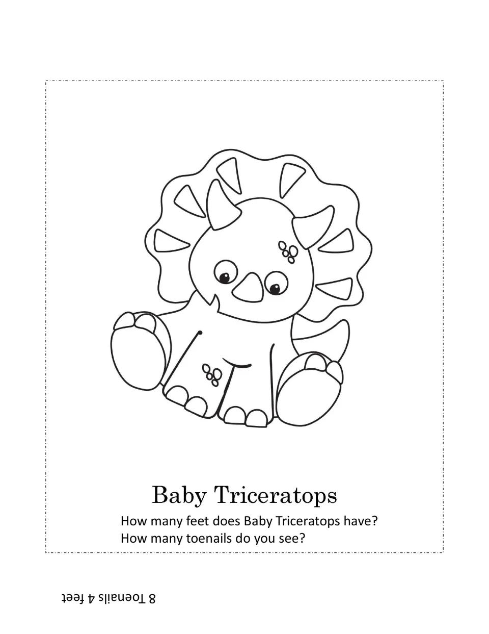 Baby Triceratops counting: students count its feet and toenails and color it; upside-down answer reads 8 toenails, 4 feet