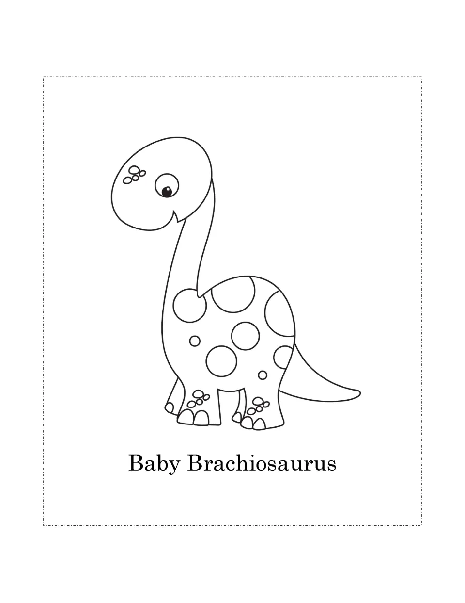 Baby Brachiosaurus coloring: students color a smiling long-necked baby dinosaur with round spots, labeled with its name