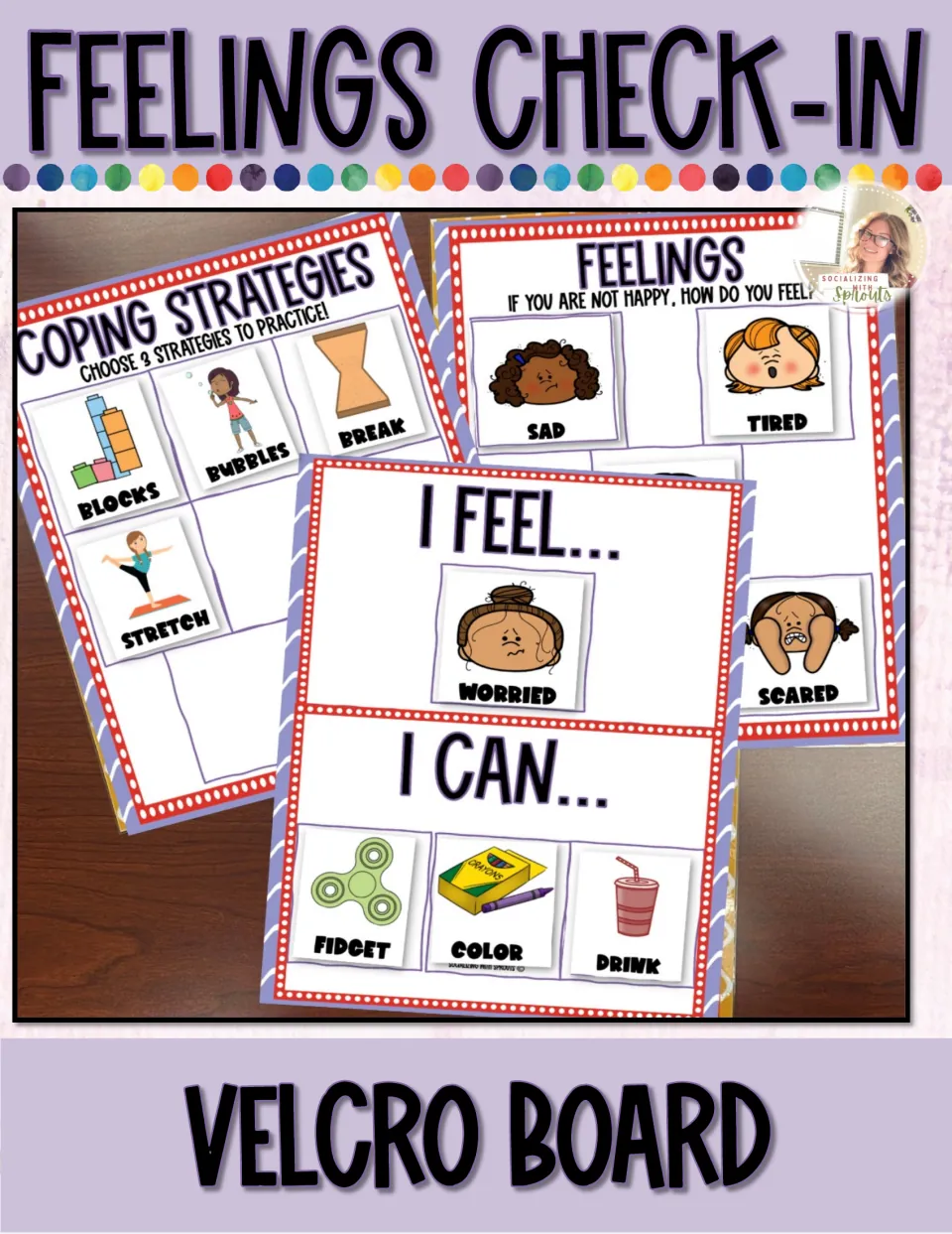 Feelings check-in cover showing assembled boards with emotion cards and three selected coping strategies