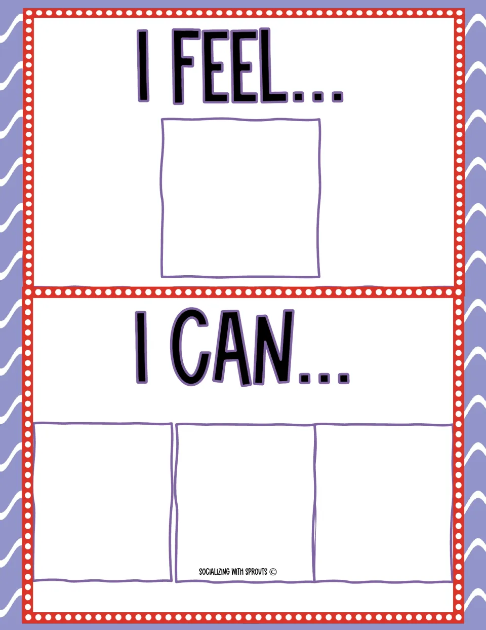 Check-in board labeled “I feel…” and “I can…” for placing one emotion card and three coping strategy cards
