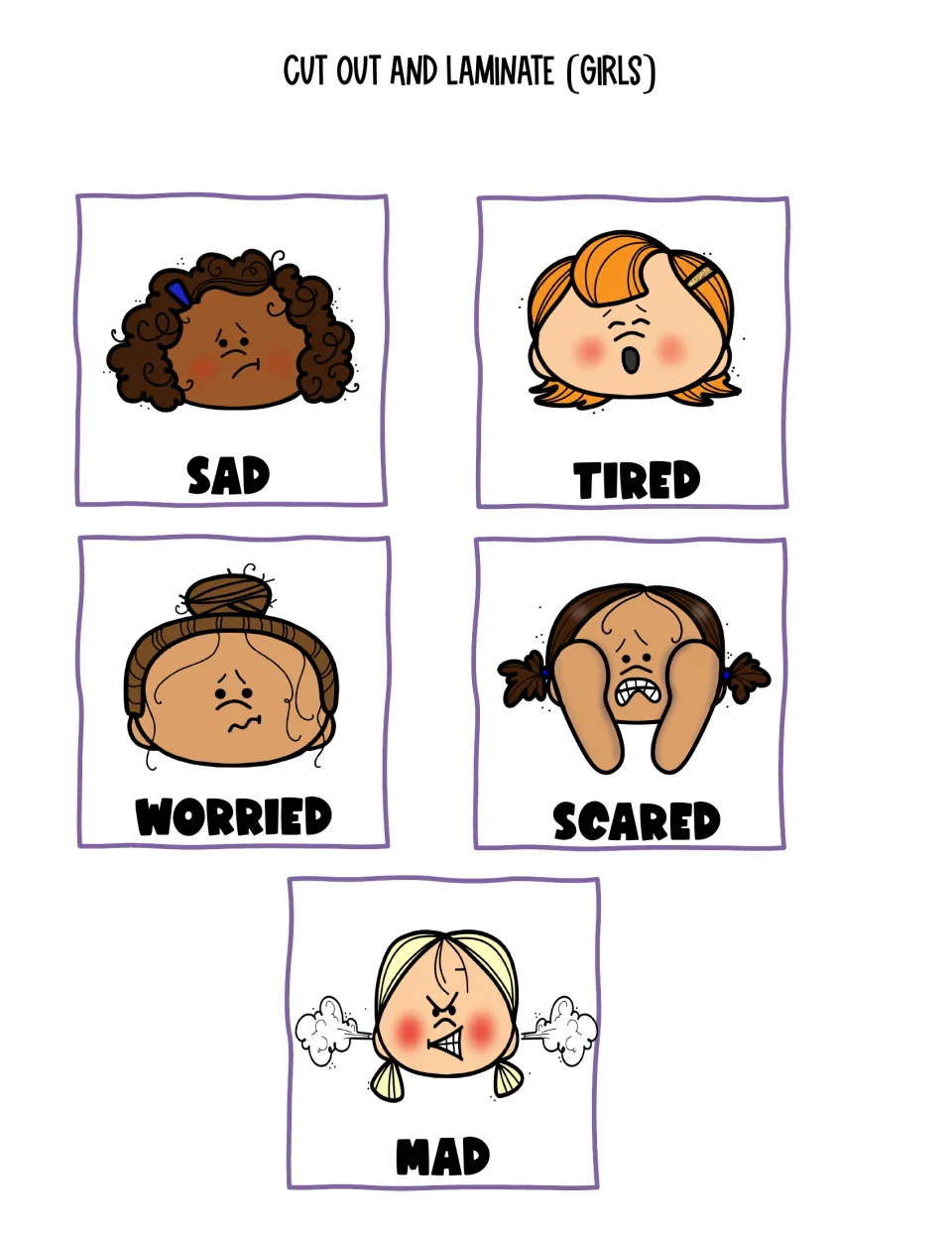 Five color emotion cards featuring girls: sad, tired, worried, scared, and mad, to cut out and laminate