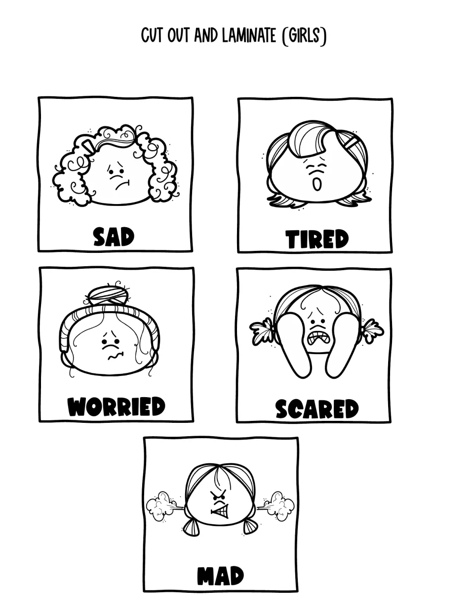 Five black-and-white emotion cards featuring girls: sad, tired, worried, scared, and mad, for the boards