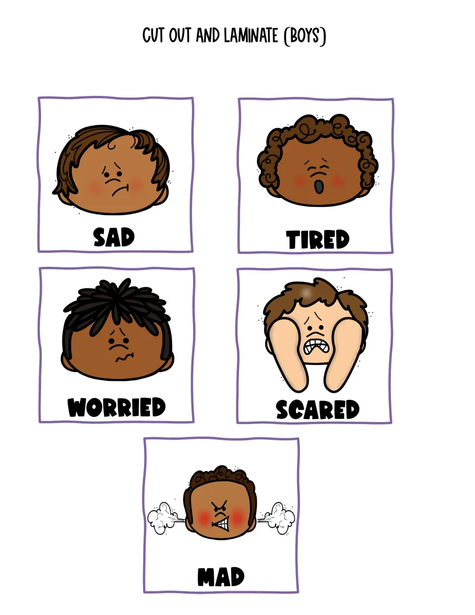 Five color emotion cards featuring boys: sad, tired, worried, scared, and mad, to cut out and laminate