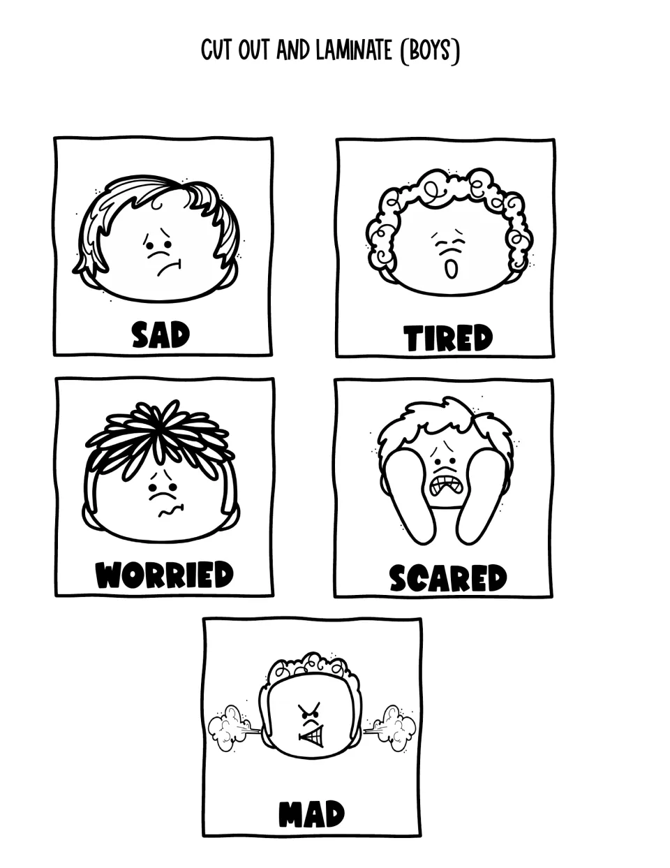 Five black-and-white emotion cards featuring boys: sad, tired, worried, scared, and mad, for the boards