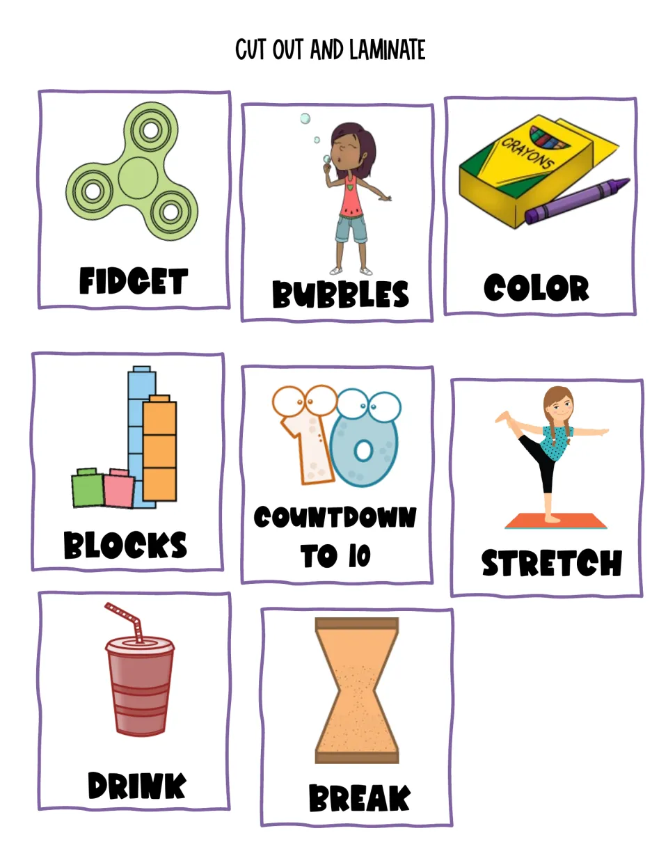 Eight coping cards: fidget, bubbles, color, blocks, countdown to 10, stretch, drink, and break