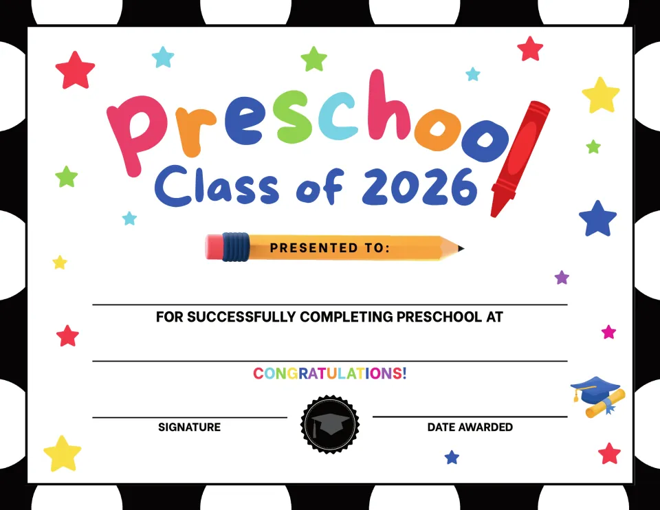 Preschool graduation certificate, version 1: Class of 2026 award for a student, with school and date details.