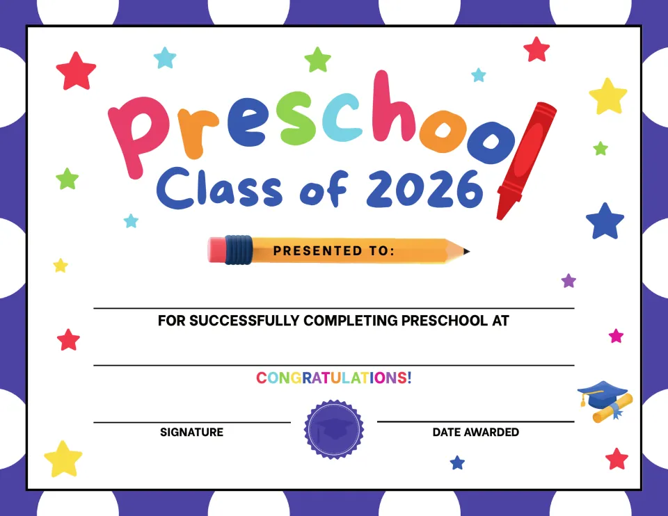 Preschool graduation certificate, version 2: Class of 2026 award with student, school, and signature fields.
