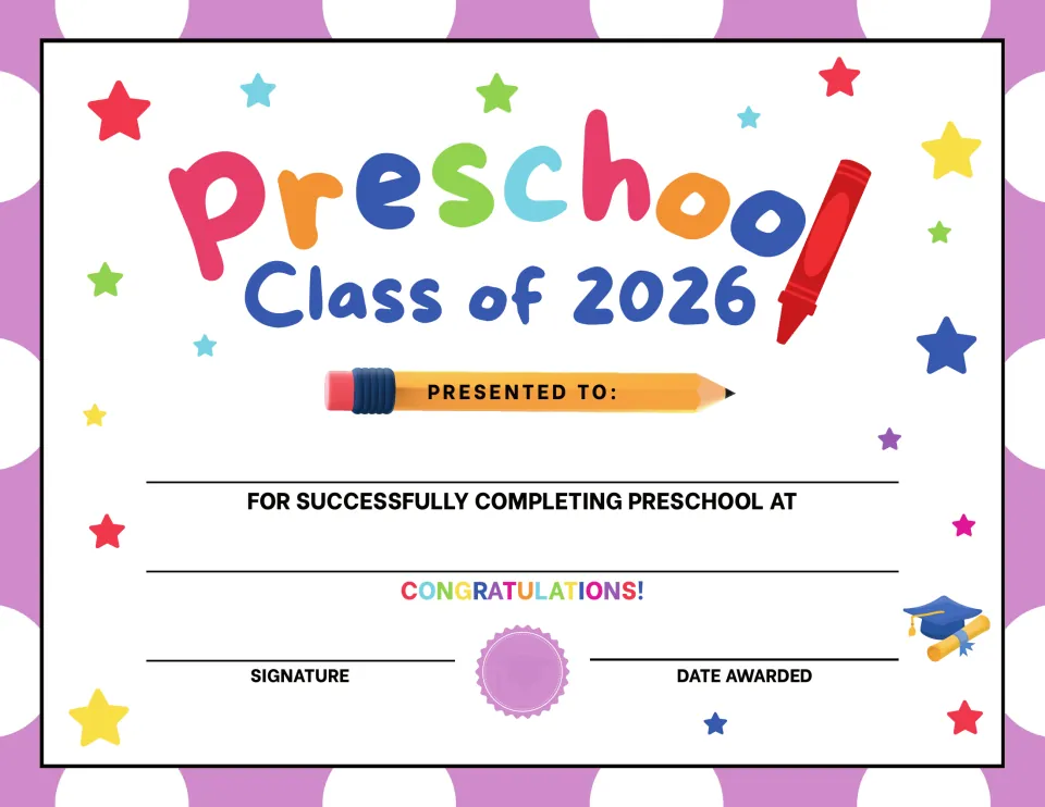 Preschool graduation certificate, version 3: Class of 2026 recognition for successfully completing preschool.