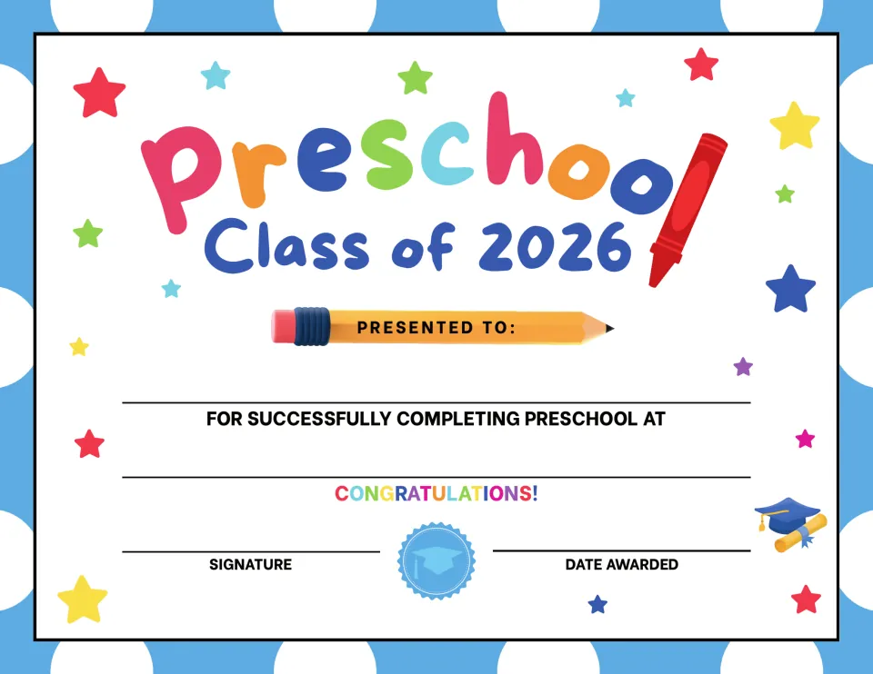 Preschool graduation certificate, version 4: Class of 2026 award with a congratulations message and date field.