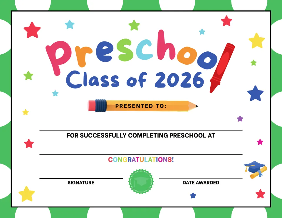 Preschool graduation certificate, version 5: Class of 2026 award with spaces for a student's name and school.