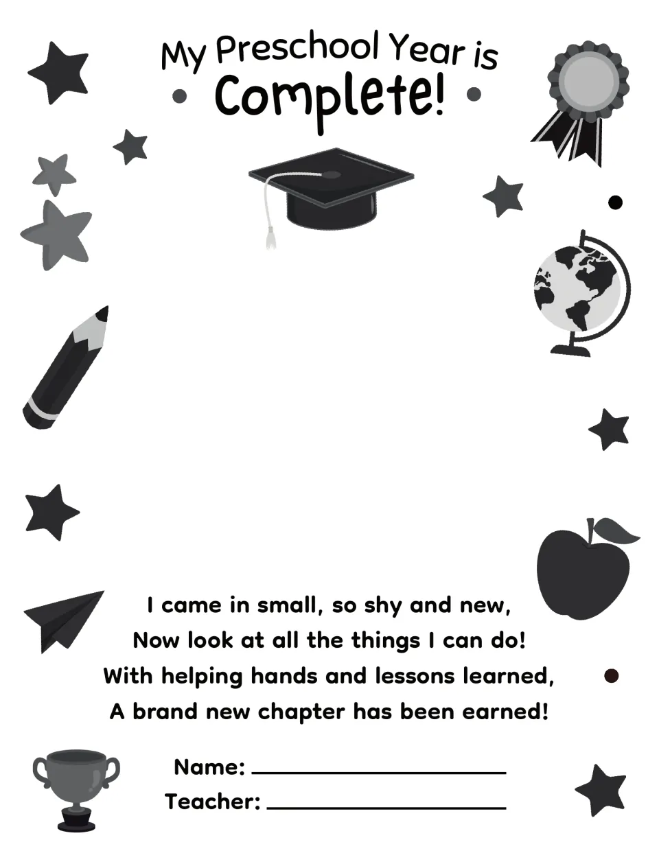 My Preschool Year is Complete! keepsake: four-line poem on growing up, open space under a grad cap, Name and Teacher lines