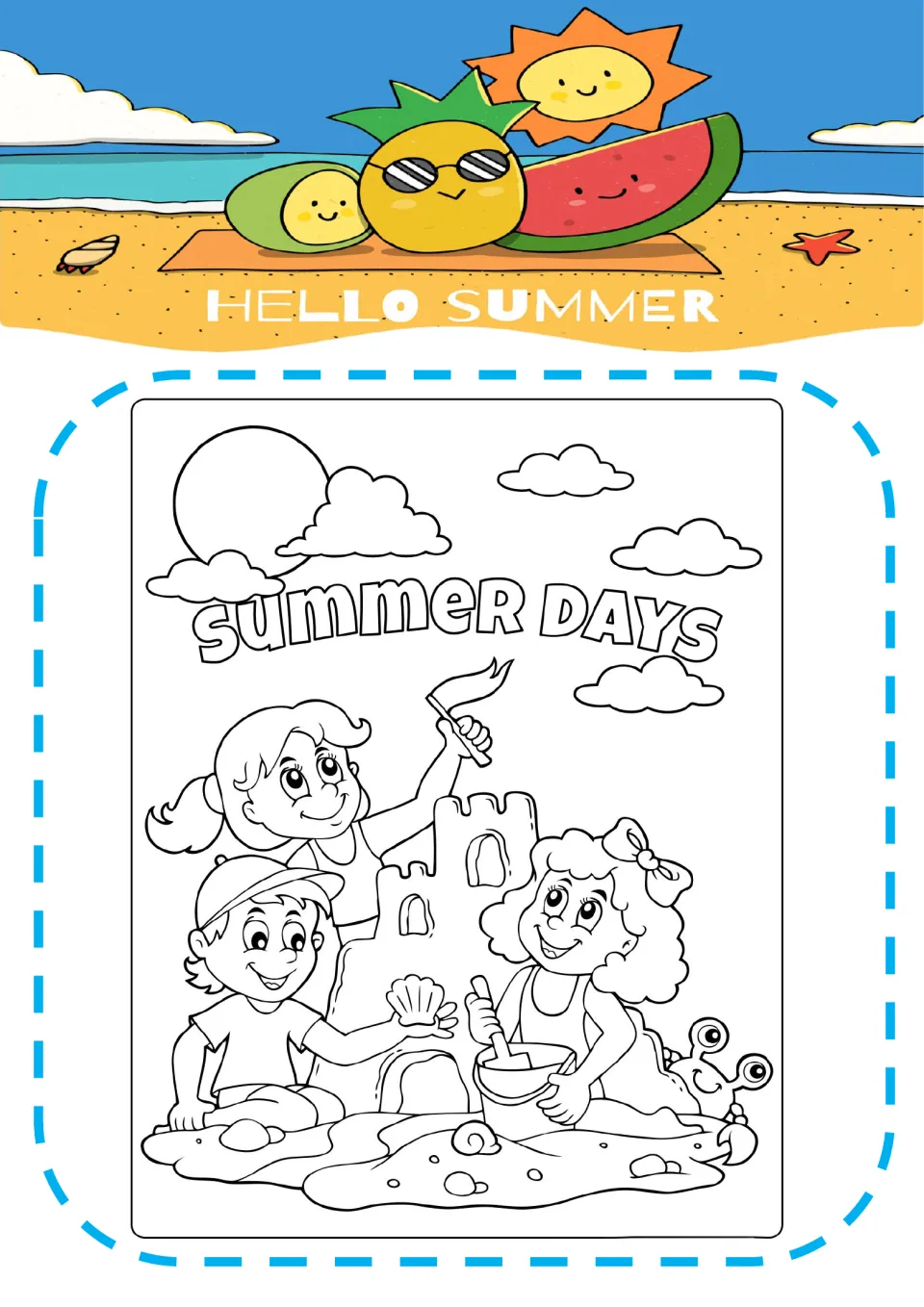 Summer Days coloring page: students color three children building a sandcastle on the beach with a shell, bucket and crab